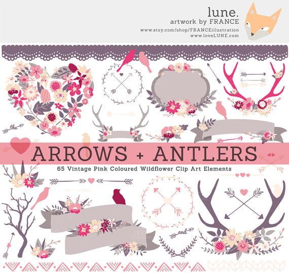 Wedding - Vintage Pink Wildflower Clipart Antlers, Arrows, Branches, Birds, Banners, Bouquets. Hand Drawn Digital Illustration: Weddings, Valentine's.
