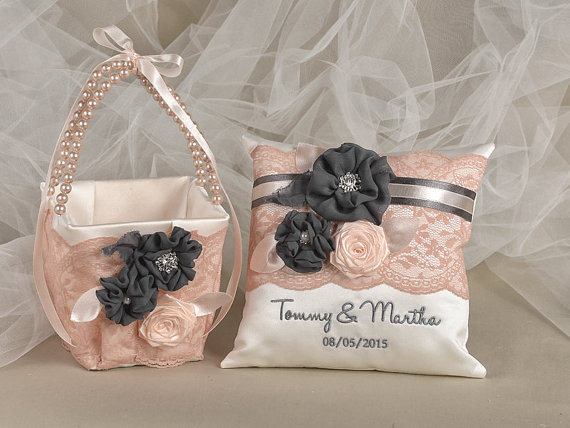 Wedding - Flower Girl Basket & Ring Bearer Pillow Set, Bowl and lace , Embriodery Names,Custom Colors