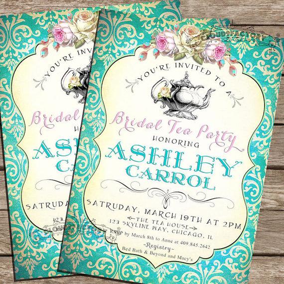 Hochzeit - Bridal Shower Tea Party Invitation - Shabby Chic - Roses - Turquoise Damask Pink Ivory - Digital DIY Printable or Printed Cards No.453