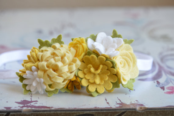 زفاف - Felt Flower Garland Headband In Lemon Yellows