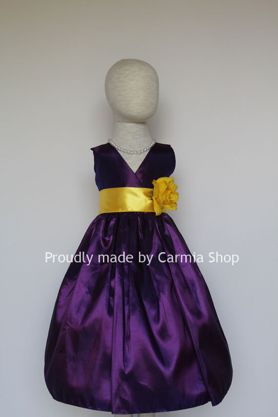 Hochzeit - PURPLE Flower Girl Dresses with Yellow (FVN01) - Easter Wedding Communion Bridesmaid - Toddler Baby Infant Girl Dresses
