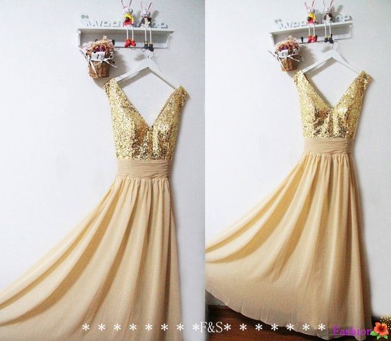Свадьба - Gold Sequin Bridesmaid Dress,Gold Sparkly Evening Prom Dress,Long Gold Chiffon Dress,Sexy Gold Bridesmaid Dress,Prom Dress,Bridesmaid Dress