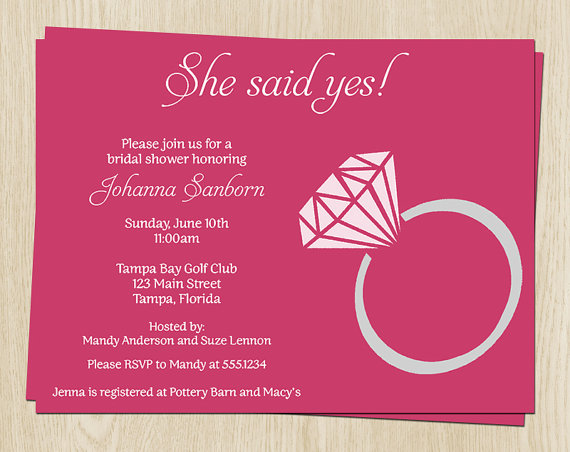 Mariage - She Said Yes Wedding Shower Invitations, Bridal Shower Watermelon Hot Pink, Ring Invites, Set of 10 Printed with envelopes,FREE shipping