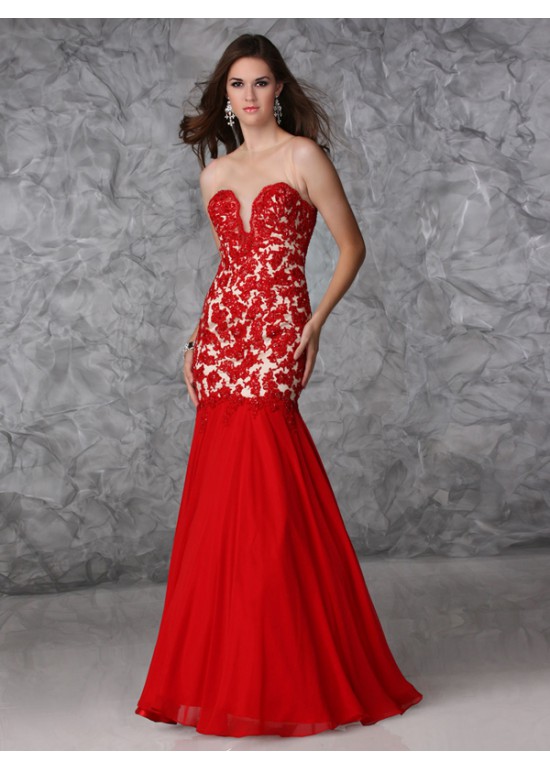 زفاف - Sheer A-Line Bateau Chiffon Red Prom Evening Dress 2015