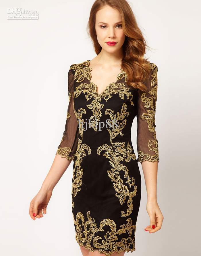 Wedding - Gold Embroidery Black Fashion Sexy Sheath Fashion Evening Dresses Party Dress Size: UK 8,10,12,14,16 Online with $79.21/Piece on Hjklp88's Store 