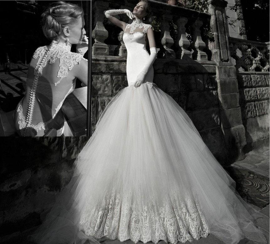 Wedding - Luxury New Galia Lahav Angelina Tulle Applique Backless High Collar Wedding Dresses White Ivory Beaded Mermaid Bridal Gowns Online with $129.24/Piece on Hjklp88's Store 