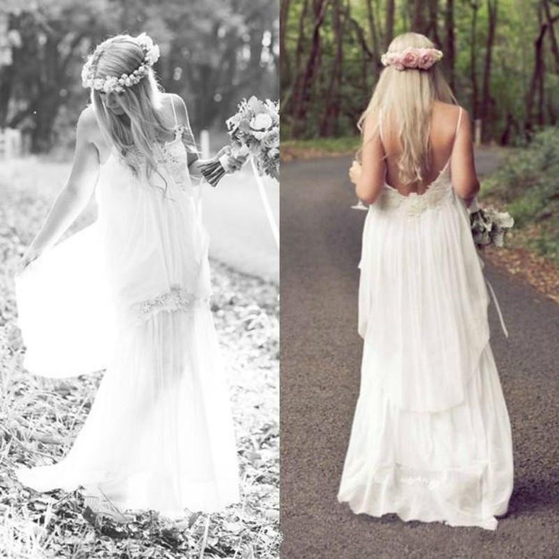 زفاف - Romantic 2015 Wedding Dresses Beach Lace Chiffon A-Line Bohemian Spaghetti Straps Custom Spring Garden Bridal Dresses Gowns Ball Custom, $100.79 
