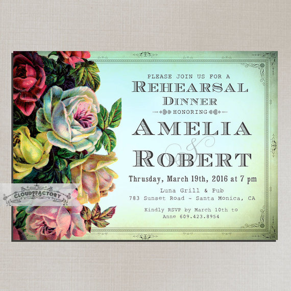 Hochzeit - Digital Printable Rehearsal Dinner Invitations - Ombre Romantic Vintage Roses Shabby Chic Formal Dinner Party  No.468