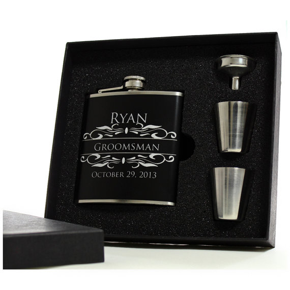 Wedding - 4 // Personalized Flasks for Groomsmen // Gift Boxed Flask Sets with Shot Glasses and Funnels