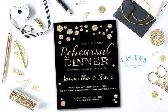Hochzeit - Rehearsal Dinner Invitation, Wedding Rehearsal Dinner Invite, Gold Polka Dots Invitation, DIY Printable Rehearsal Dinner Invite