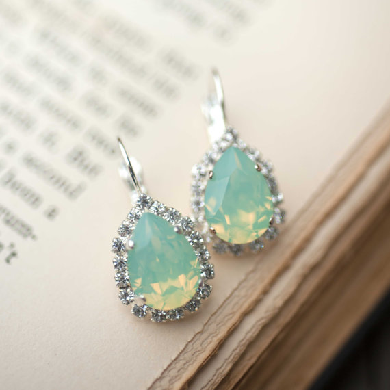 Hochzeit - Opal Silver Estate Style Vintage Earrings Wedding Jewelry Mint Green Earrings Bridal Earrings Bridesmaids Gift Dangle Earrings