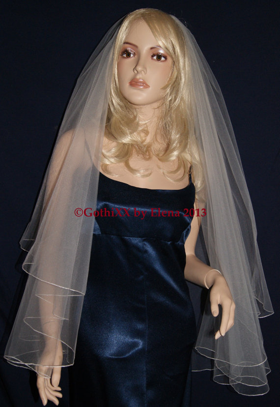 Wedding - Wedding Veil Center Gathered Fingertip Black Red Purple Beige  White Ivory Pink 2 tiers 30" 38" Length Pencil Edge  15 Color choices