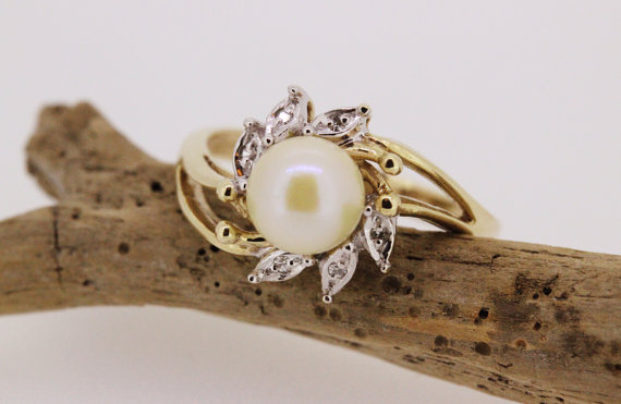 Wedding - SALE Vintage Pearl Engagement Ring 10k Yellow Gold Ring Gemstone Ring Estate Ring Promise Ring Diamond Ring Cocktail Ring Size 6