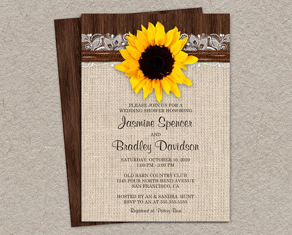 Hochzeit - Rustic Couples Shower Invitation, Printable Sunflower Wedding Shower Invitations With Burlap And Lace, Rustic Wedding Shower Invitation