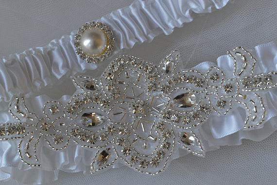 Свадьба - Wedding Garter, White Satin Bridal Garter Set With Rhinestone Applique and Pearl Button Embellishments