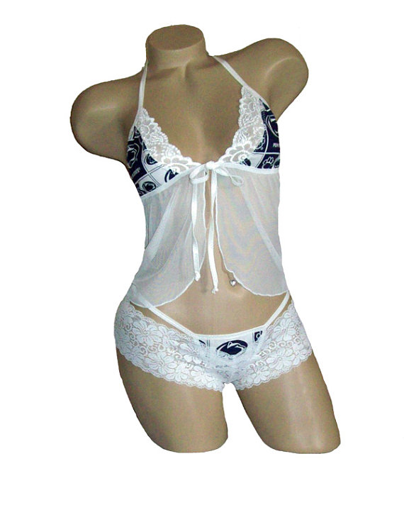 Hochzeit - NCAA Lingerie Penn State Nittany Lions Sexy White Cami Top and Lace Booty Shorts Set Plus FREE Matching G-String Thong Panty