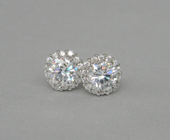 زفاف - Halo Stud earrings, Crystal earrings, Bridal jewelry, Bridesmaids jewelry, Yellow Gold Stud Earrings,  Large Crystal Stud earrings