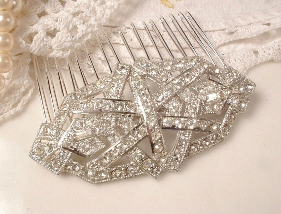 Hochzeit - 1920s Bridal Hair Comb, Vintage Art Deco Silver Pave Crystal Rhinestone Antique Sash Brooch or Haircomb Gatsby Wedding Head Piece Accessory
