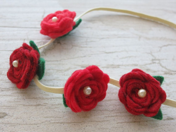 Mariage - Red Rose Flower Baby Headband - Felt Flower Crown - Fairy Garland - Wedding Woodland Fashion - Sweet Flower Girl Hair Accessory