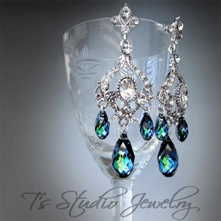 زفاف - Peacock Blue Wedding Jewelry Bridal Chandelier Earrings Bridesmaid Crystal and Rhinestone Silver Earings