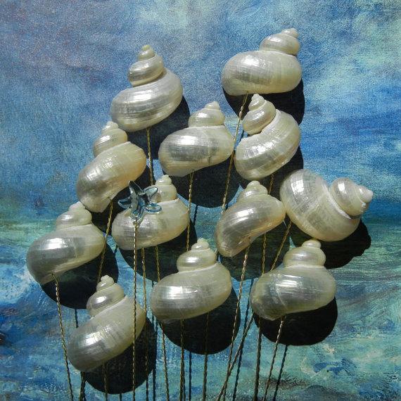 Wedding - Polished Pearly Turbo Seashell Stems - 12 Pearly Swirls for Wedding Bouquet Bridal Bouquet or Centerpieces