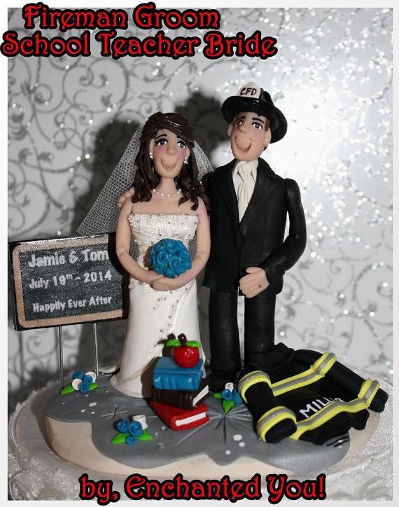 Wedding - Wedding Cake Topper, Fireman Groom, Teacher Bride, Persoanilzed, Custom