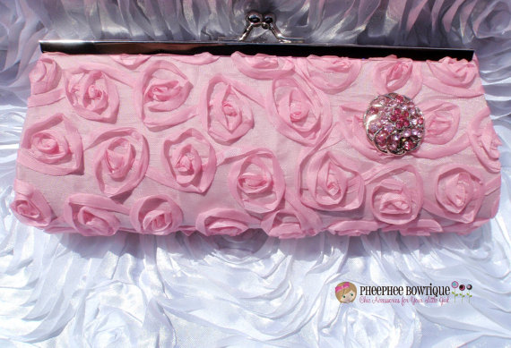 Hochzeit - Mini Pink Rosette Kiss Lock Clutch - Detachable Purse Chain - Wedding Bride, Bridesmaids, Maid of Honor and Flower Girls, Photo Prop