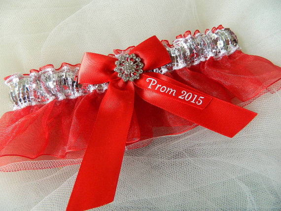 Hochzeit - 2015 Prom Garters, Custom Colors Prom Garter, Prom Garters.Prom Garter Silver Sequences Over Red Organza