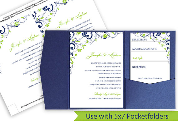 زفاف - Pocket Wedding Invitation Template Set - DOWNLOAD Instantly - EDITABLE TEXT - Chic Bouquet (Navy & Lime Green)  - Microsoft Word Format