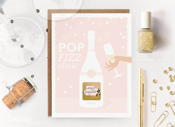 Mariage - Scratch-off "Pop Fizz Clink" Will You Be My Bridesmaid / Maid of Honor Write-in Invitation // Pink Champagne