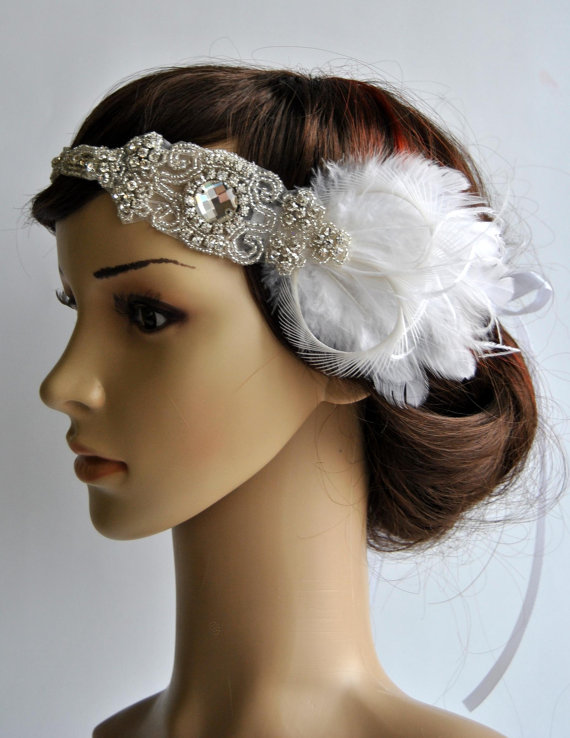 Hochzeit - 1920s Rhinestone Headpiece bridal hair piece,1920's head piece,Flapper headband, bridal wedding headband, Rhinestone flapper headpiece ivory