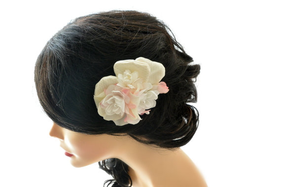 Hochzeit - Wedding Hair Accessories - White Pink Ivory flower Hair Clip - Bridal Floral Head Piece