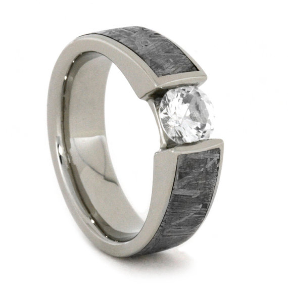 Hochzeit - White Sapphire Gold Ring inlaid w Meteorite, 14k White Gold Tension Set, White Gold Engagement Ring, Meteorite Wedding Band, Custom Made