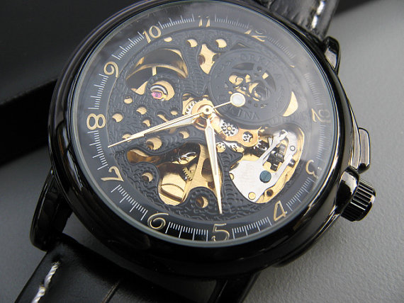 Hochzeit - Luxury Black Mechanical Wrist Watch - Black Leather Wristband - Automatic - Men - Steampunk - Watch - Groomsmen Gift - Item MWA56