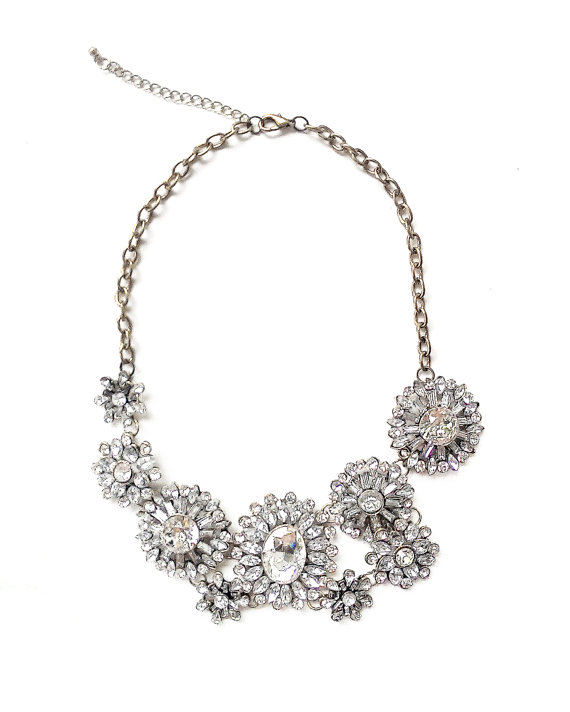 Wedding - White jewel crystal statement necklace for bridesmaid bridal wedding jewelry