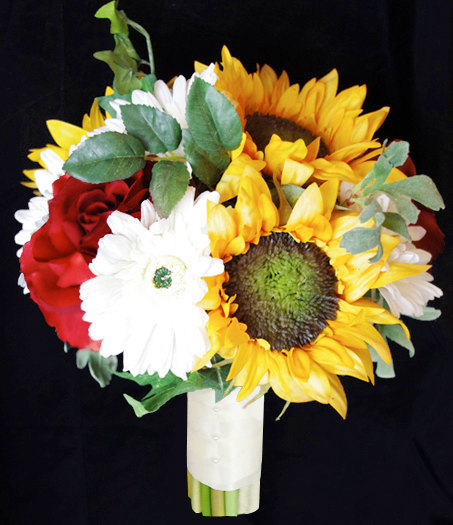 Mariage - Fall Silk Wedding Bouquet with Red and Yellow Sunflowers and Gerberas Silk Bridal Flowers