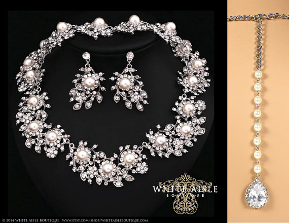 Wedding - Pearl Wedding Jewelry Set, Vintage Inspired Pearl Bridal Jewelry Set, Pearl Bracelet, Pearl Earrings, Bridal Statement Necklace
