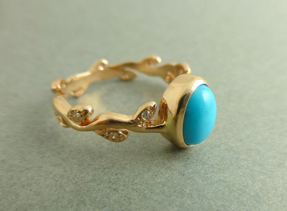 Wedding - Turquoise engagement ring.  Leaf engagement ring with Turquoise.