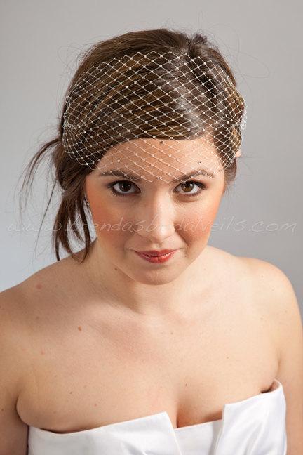 Hochzeit - Bridal Birdcage Veil, Mini Bandeau with Scattered Swarovski Rhinestones, Wedding Veil