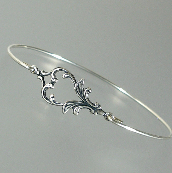 زفاف - Art Nouveau Silver Bangle Bracelet, Stacking Bangle Bracelet, Bridesmaid Gift Idea, Bridesmaid Jewelry, Wedding Party, Bridal Party (145S,)