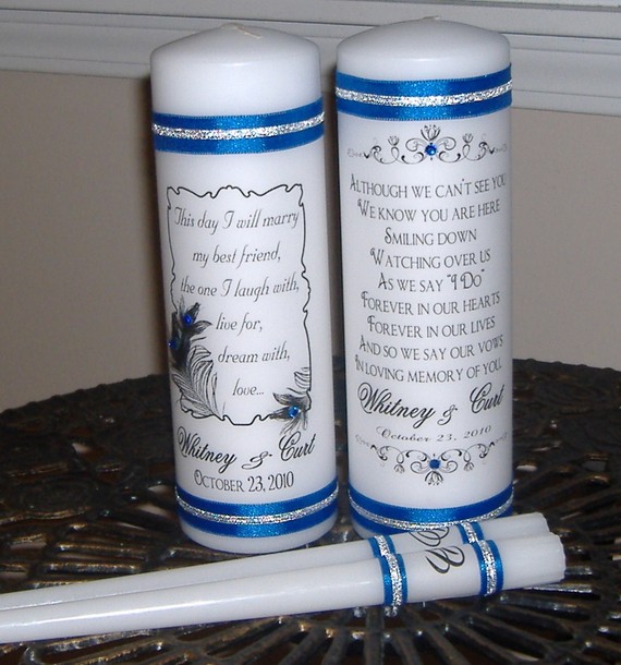 Wedding - Peacock Unity and Memorial Candle Set with crystals - Personalized, your choice of ribbon colors
