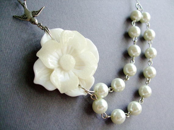 زفاف - Wedding Bridal Necklace,Statement Necklace,Ivory Pearl Jewelry,Ivory Gardenia Flower Necklace,Bridesmaid Jewelry Set(Free matching earring