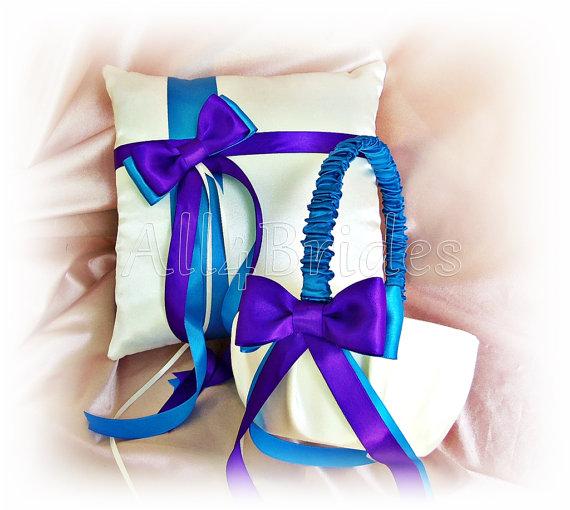 Свадьба - Regency purple and turquoise / malibu weddings ring pillow and flower girl basket.  Ceremony ring cushion and basket set.