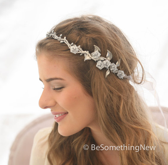 Wedding - Silver Rustic Woodland Wedding Hair Wreath Headband Bridal Hair Wedding Accessory with Silver Leaves and Flowers, Bridal Headpiece