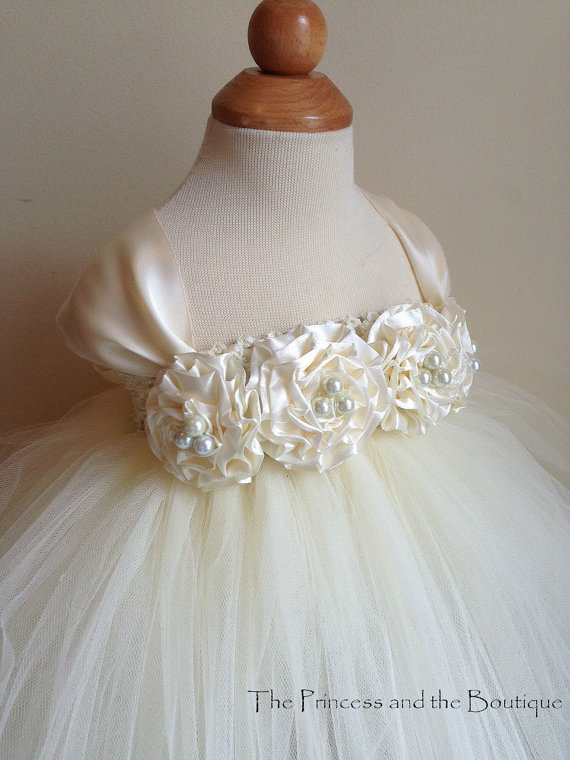Wedding - Ivory flower girl dress with ivory hand rolled flowers. Tutu dress