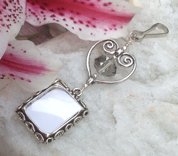 Wedding - Wedding bouquet photo charm. Memorial keepsake with heart and grey crystal. Bridal bouquet photo.