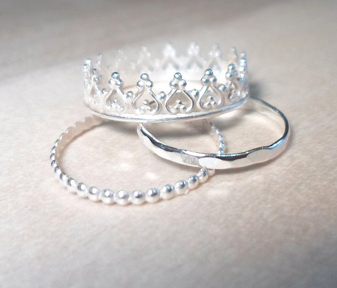 زفاف - Princess Ring, Crown Ring -Crown ring Stacking Set-Sterling silver princess ring silver stacking rings-Crown stacking ring set-Bridesmaid