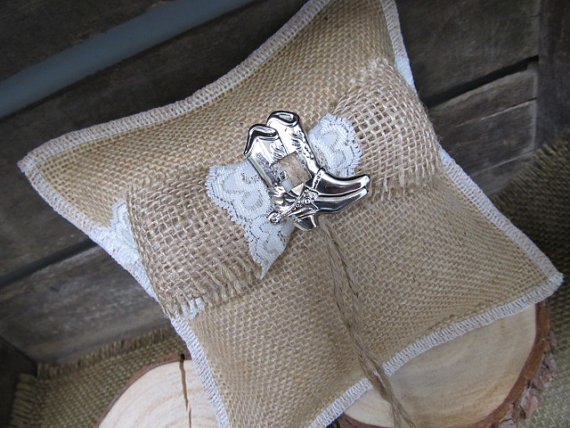 Hochzeit - Simply Sweet...Burlap and Boots...Wedding Ring Bearer Pillow... Rustic and Elegant...Wedding...