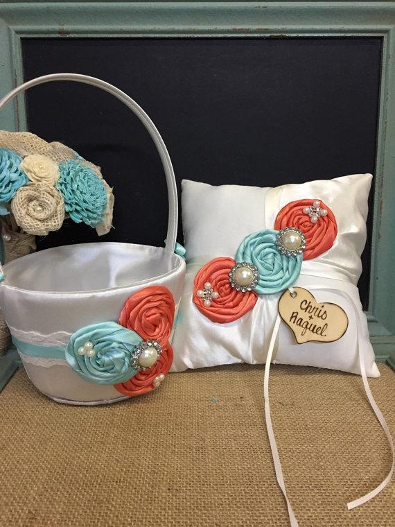 Hochzeit - YOU DESIGN / Flower girl basket / ring bearer pillow /tiffany and coral 