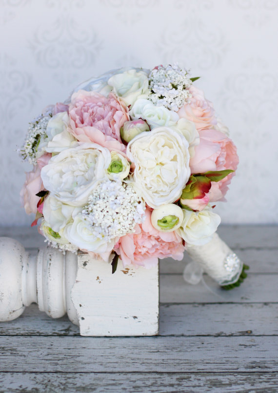 زفاف - Silk Bride Bouquet Peonies Roses Rustic Chic Wedding